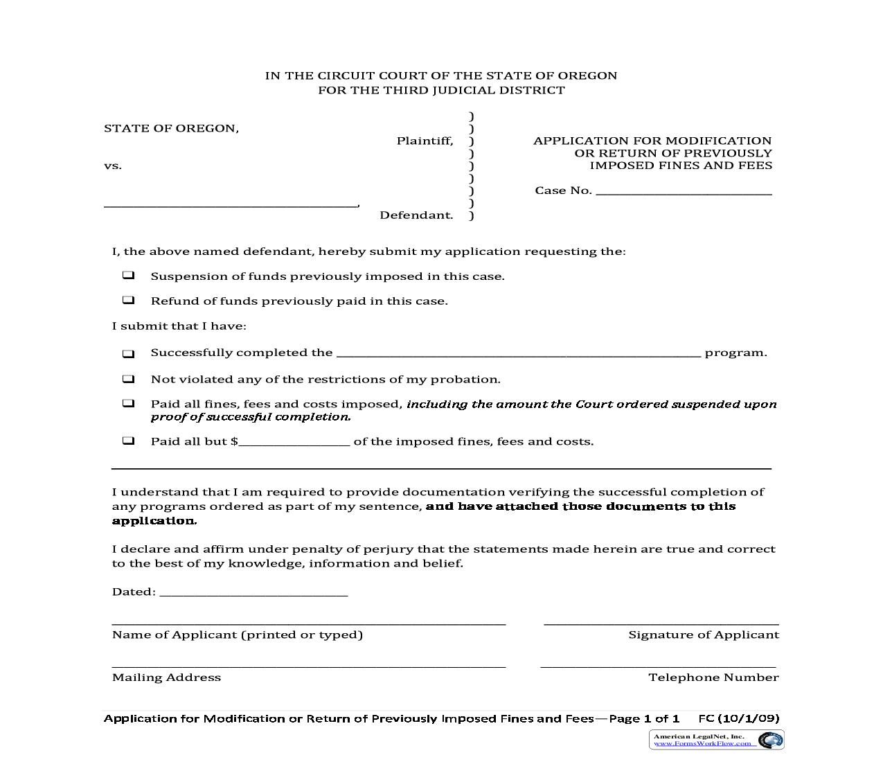Application For Modification Or Return Of Previously Imposed Fines And Fees | Pdf Fpdf Doc Docx | Oregon