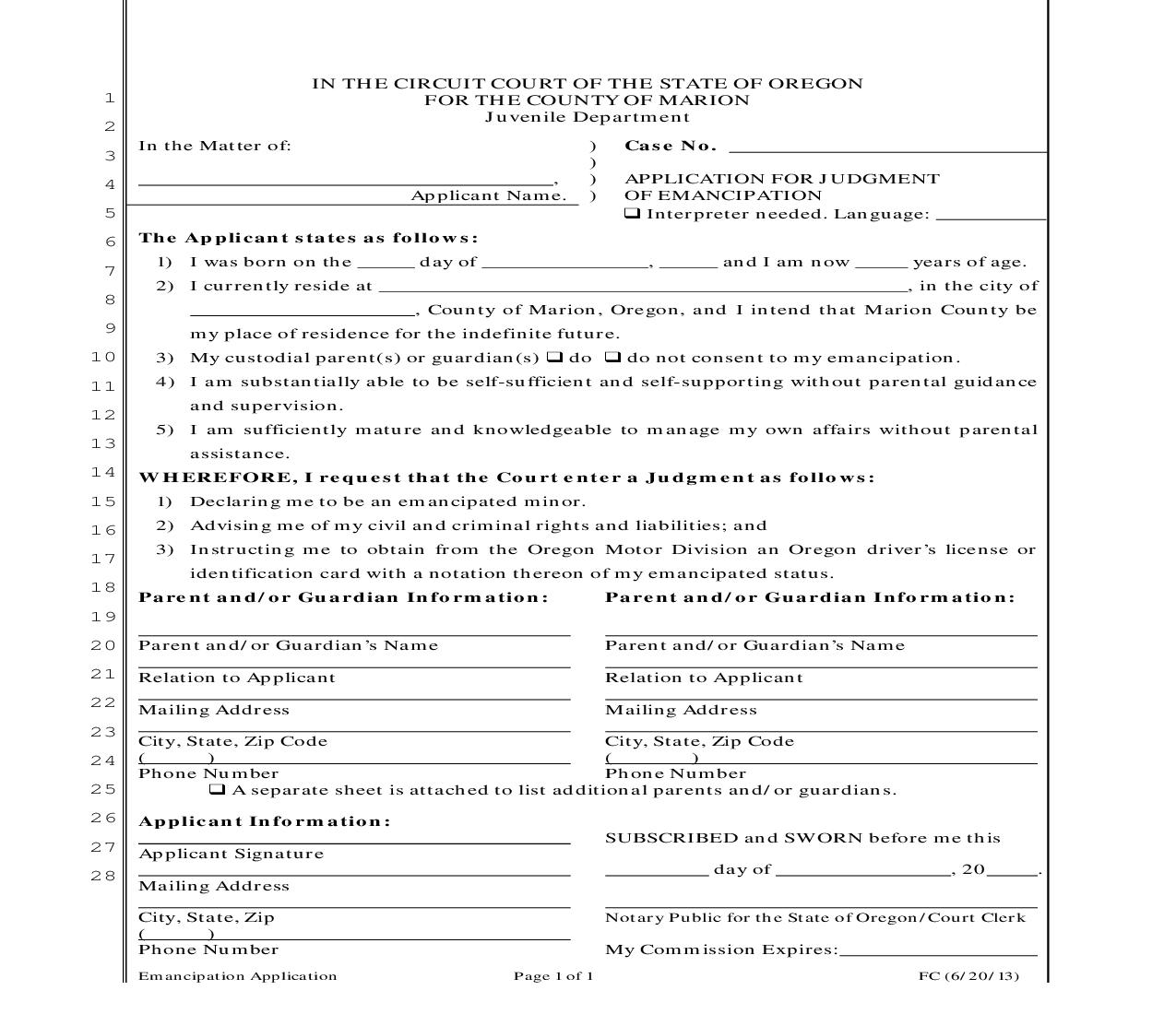 Application For Judgment Of Emancipation | Pdf Fpdf Doc Docx | Oregon