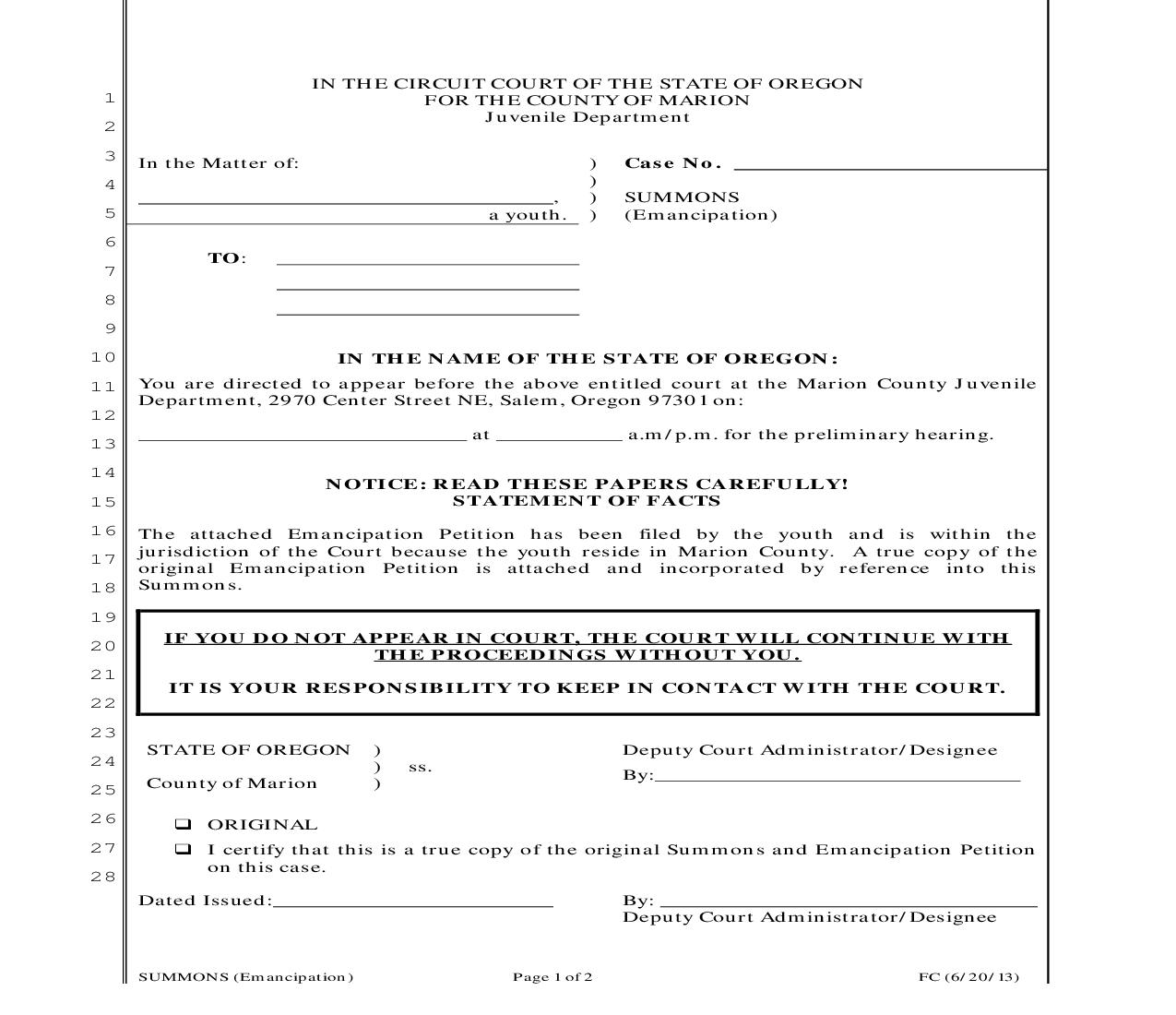 Summons (Emancipation) | Pdf Fpdf Doc Docx | Oregon