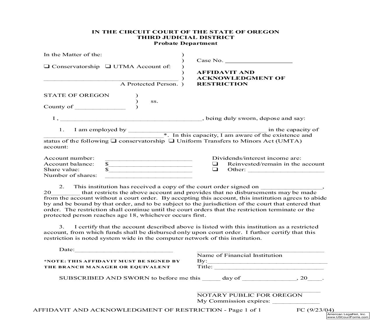 Affidavit And Acknowledgment Of Restriction | Pdf Fpdf Doc Docx | Oregon