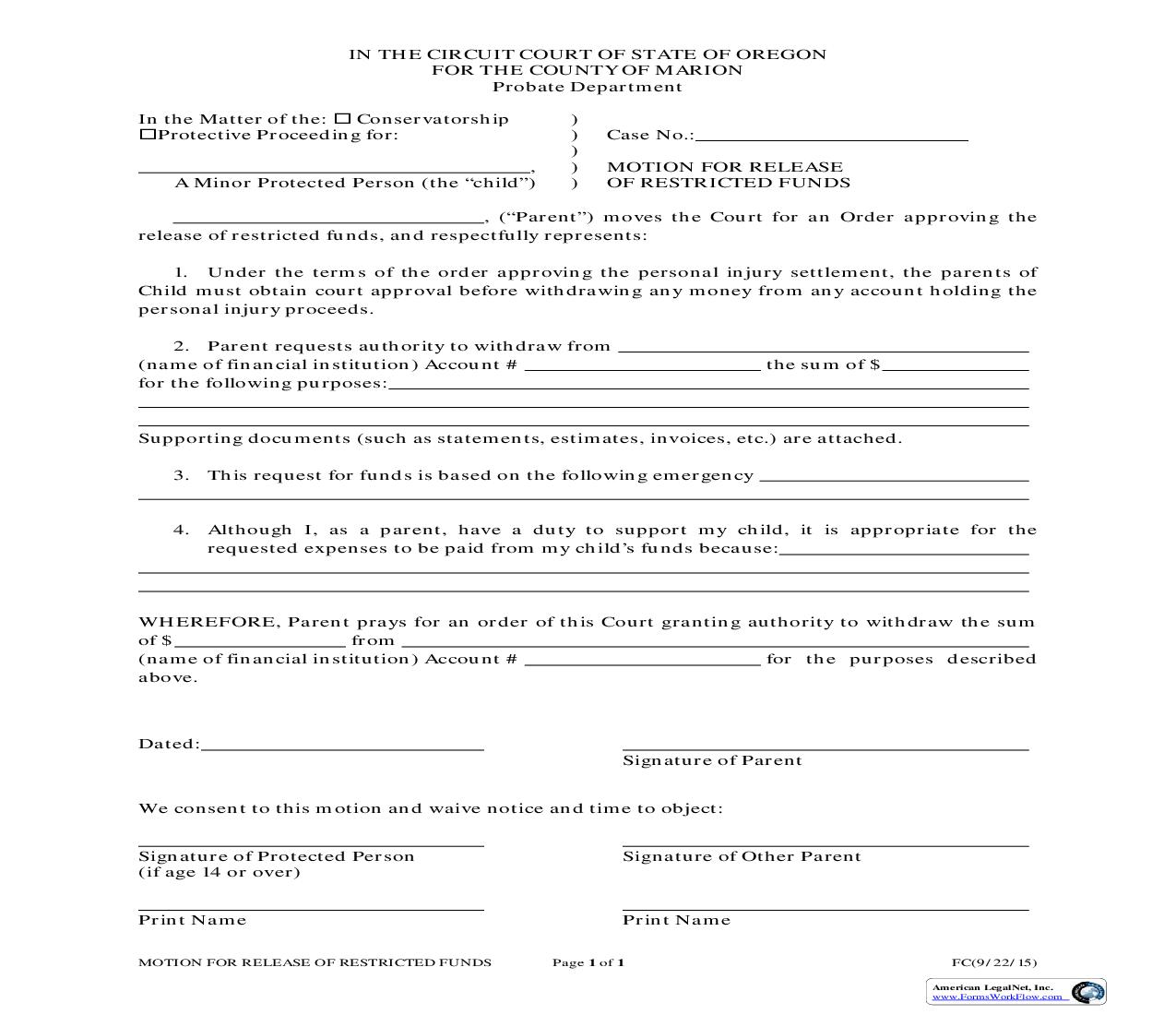 Motion For Release Of Restricted Funds | Pdf Fpdf Doc Docx | Oregon
