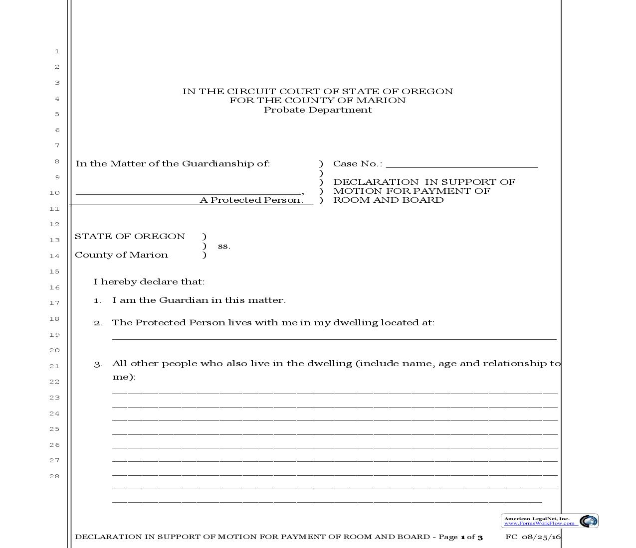 Declaration In Support Of Motion For Payment Of Room And Board | Pdf Fpdf Doc Docx | Oregon