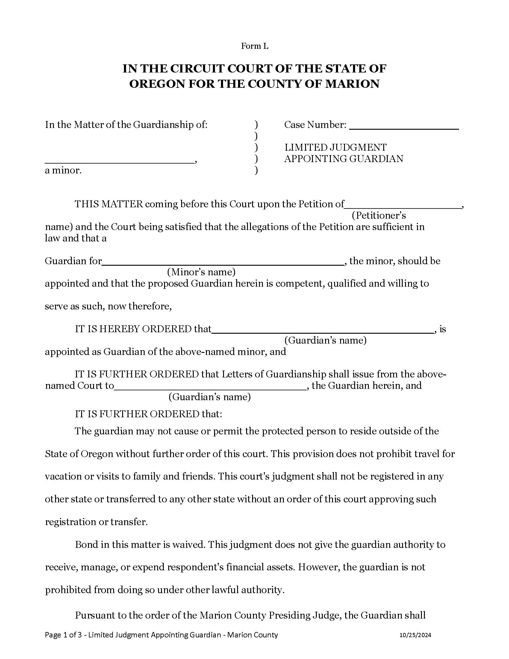 Limited Judgment Appointing Guardian {Form L} | Pdf Fpdf Docx | Oregon