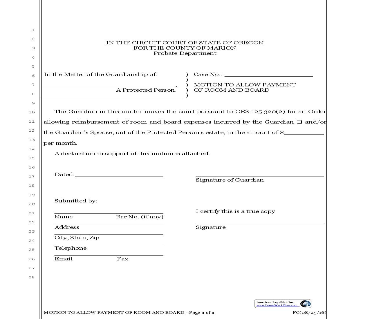 Motion To Allow Payment Of Room And Board | Pdf Fpdf Doc Docx | Oregon