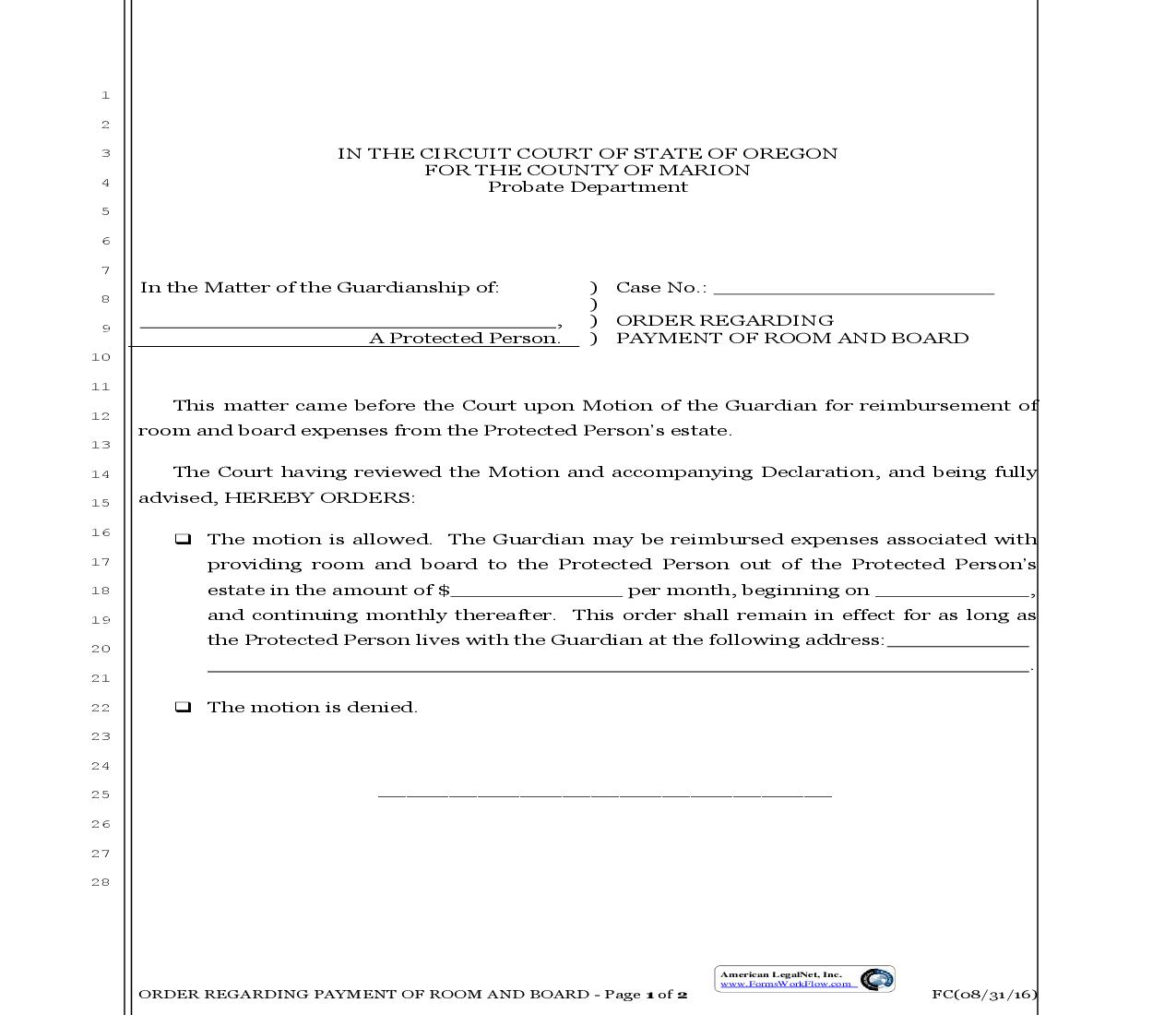 Order Regarding Payment Of Room And Board | Pdf Fpdf Doc Docx | Oregon