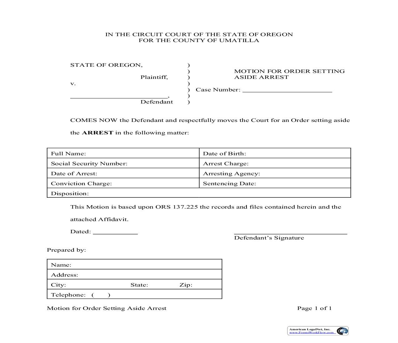 Motion For Order Setting Aside Arrest | Pdf Fpdf Doc Docx | Oregon