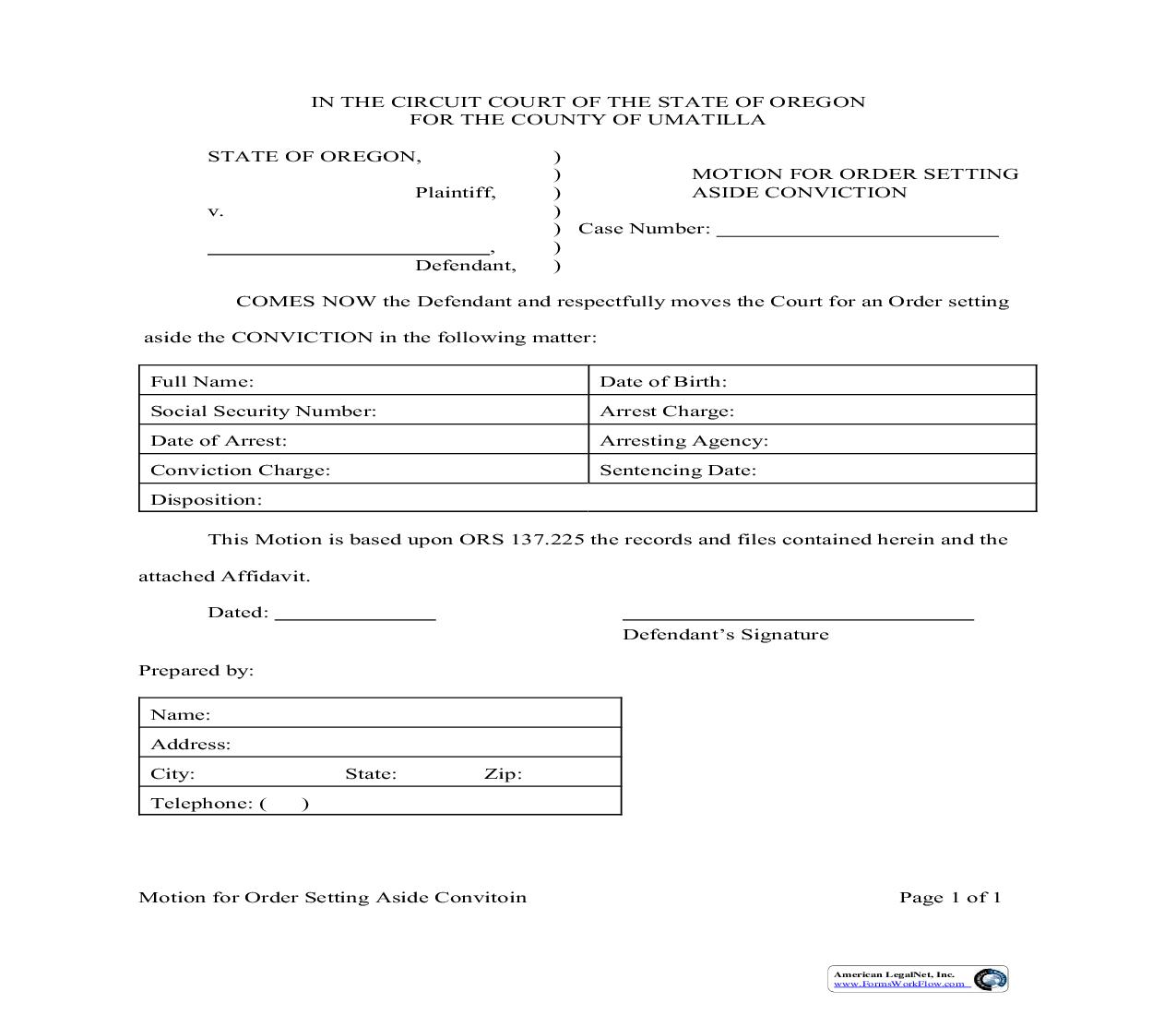 Motion For Order Setting Aside Conviction | Pdf Fpdf Doc Docx | Oregon