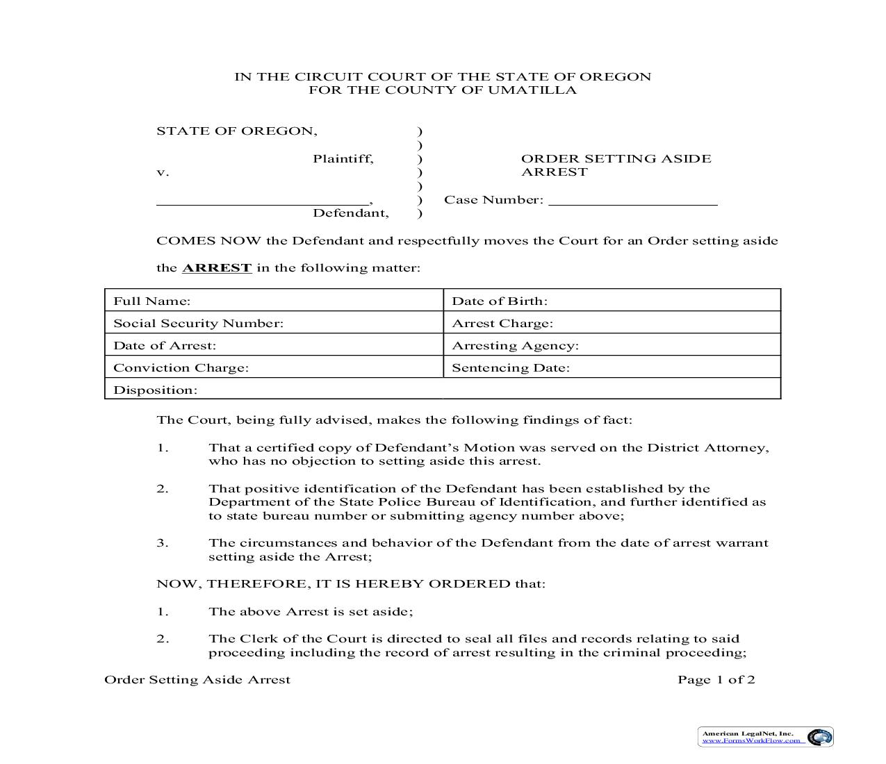 Order Setting Aside Arrest Record | Pdf Fpdf Doc Docx | Oregon