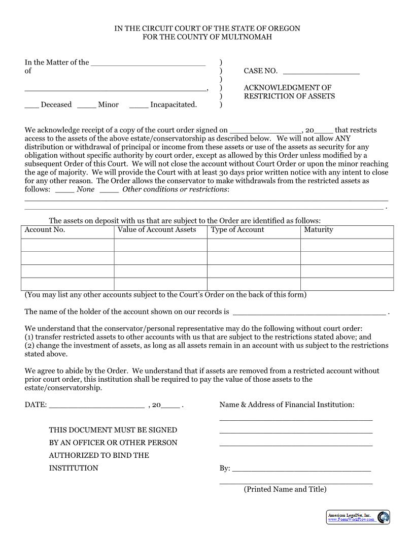 Acknowledgment Of Restriction Of Assets | Pdf Fpdf Docx | Oregon