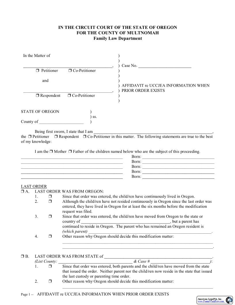 Affidavit Re UCCJEA Information | Pdf Fpdf Docx | Oregon