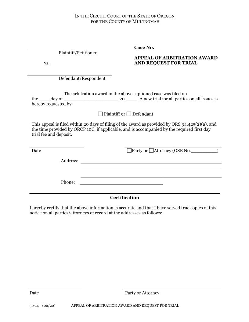Appeal Of Arbitration Award And Request For Trial {30-14} | Pdf Fpdf Docx | Oregon