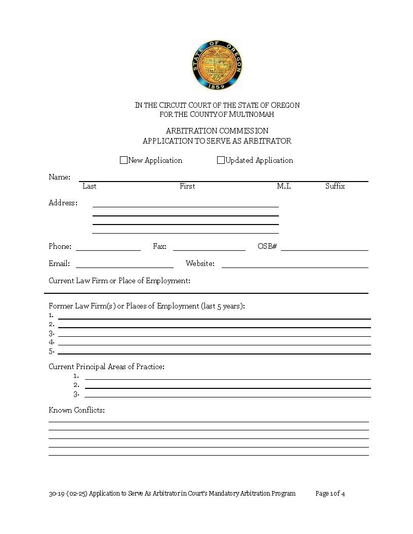 Application To Serve As Arbitrator {30-19} | Pdf Fpdf Docx | Oregon