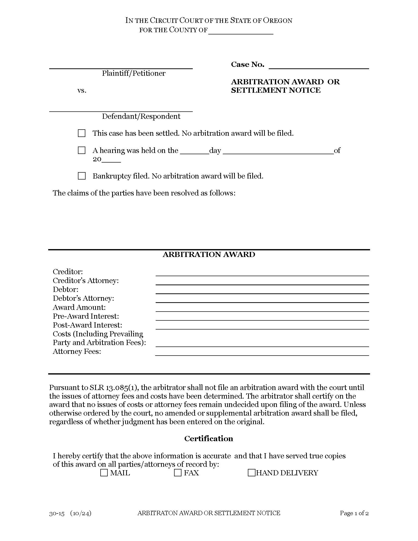 Arbitation Award Or Settlement Notice {30-15} | Pdf Fpdf Docx | Oregon