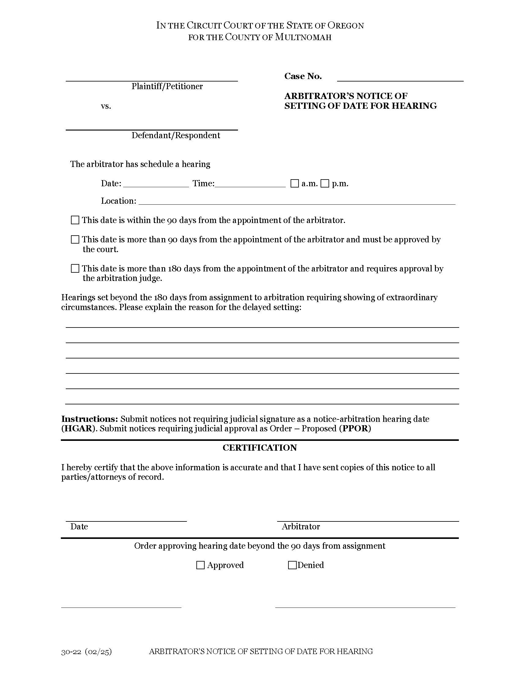 Arbitrators Notice Of Setting Of Date For Hearing {30-22} | Pdf Fpdf Docx | Oregon