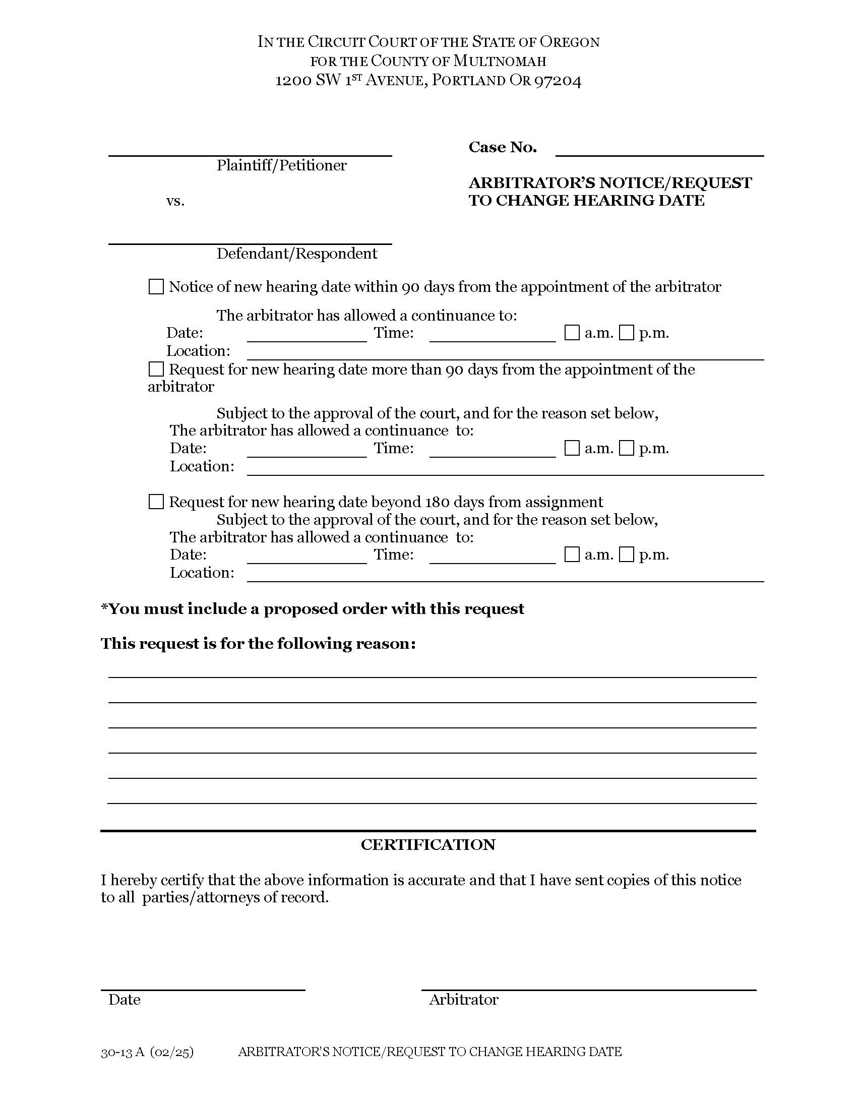Arbitrators Notice Request To Change Hearing Date {30-13A} | Pdf Fpdf Docx | Oregon