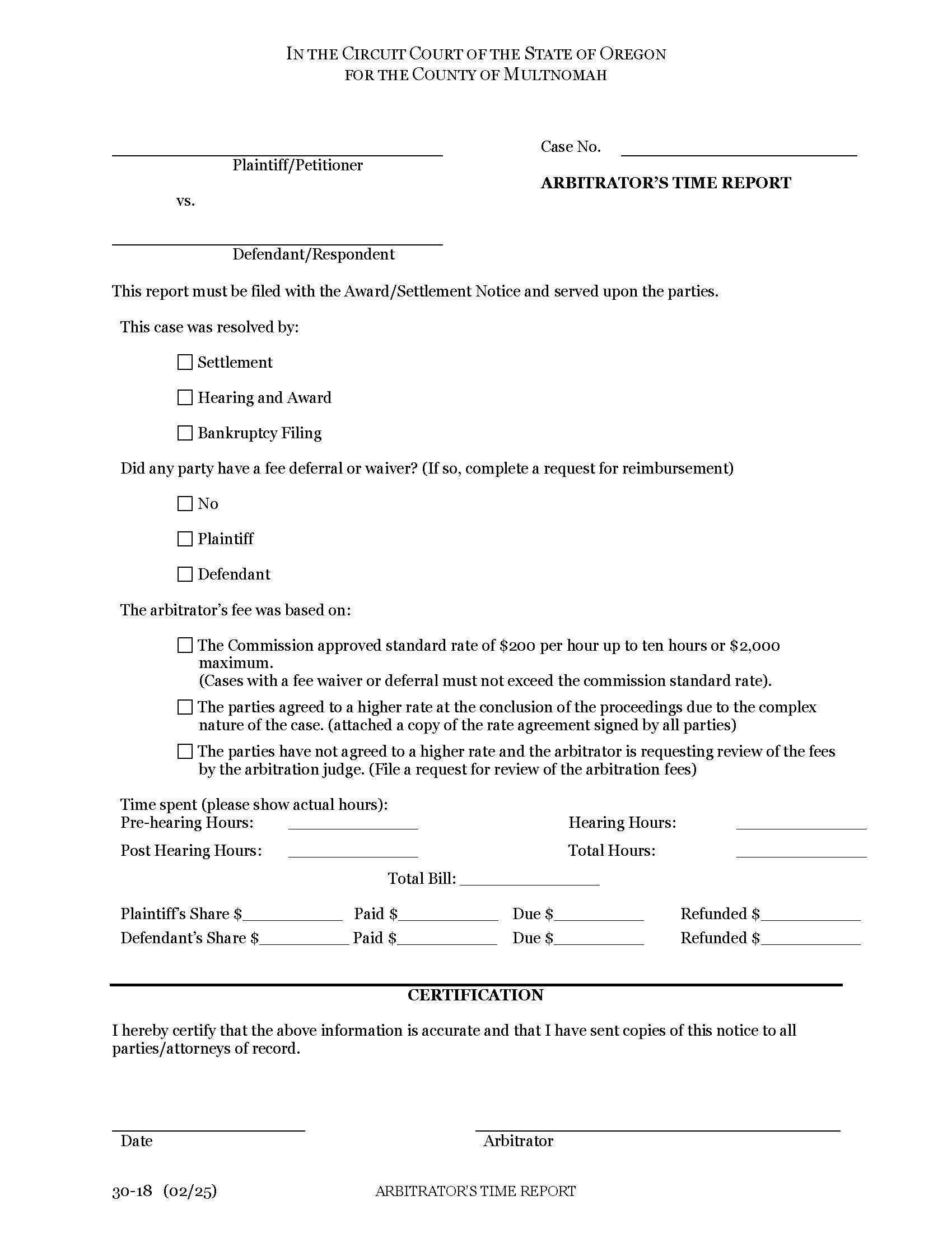 Arbitrators Time Report {30-18} | Pdf Fpdf Docx | Oregon
