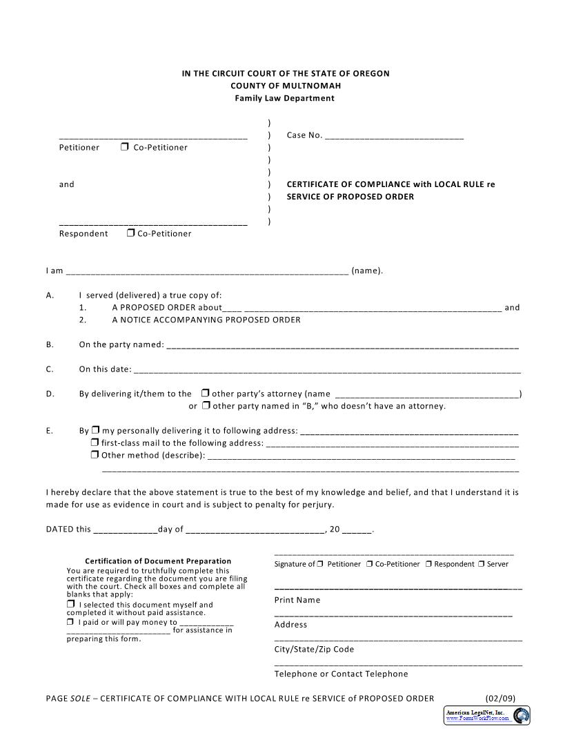 Certificate Of Compliance With Service Of Proposed Order | Pdf Fpdf Docx | Oregon