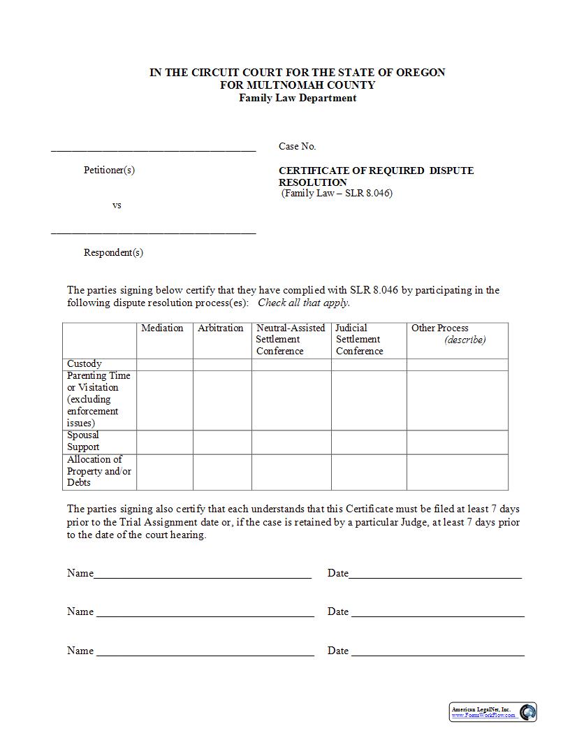 Certificate Of Required Dispute Resolution | Pdf Fpdf Docx | Oregon
