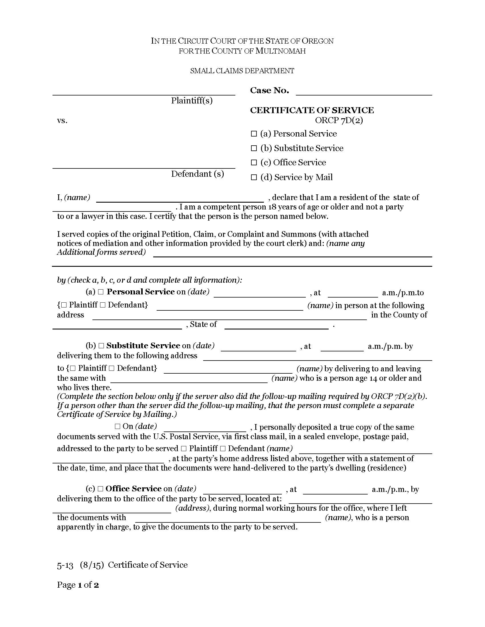 Certificate Of Service {50-13} | Pdf Fpdf Docx | Oregon