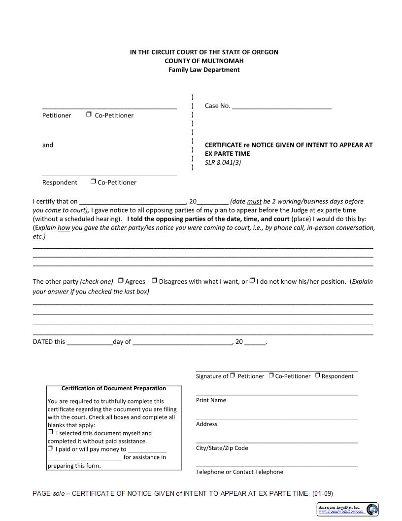 Certificate Re Notice Given Of Intent To Appear At Ex Parte Time {SLR 8.011(3)} | Pdf Fpdf Docx | Oregon