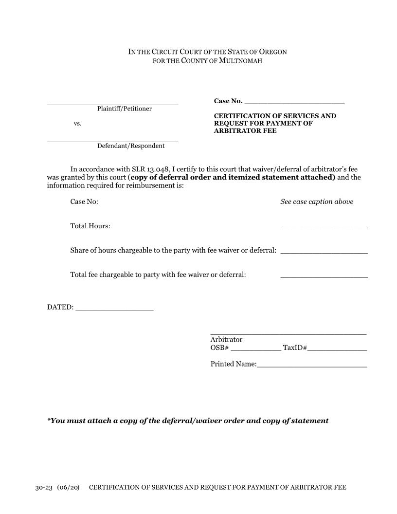 Certification Of Services And Request For Payment Of Arbitrator Fee {30-23} | Pdf Fpdf Docx | Oregon