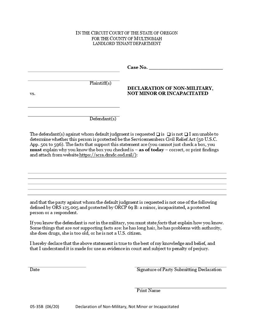 Declaration Of NonMilitary Not Minor Not Incapacitated {05-35B} | Pdf Fpdf Docx | Oregon