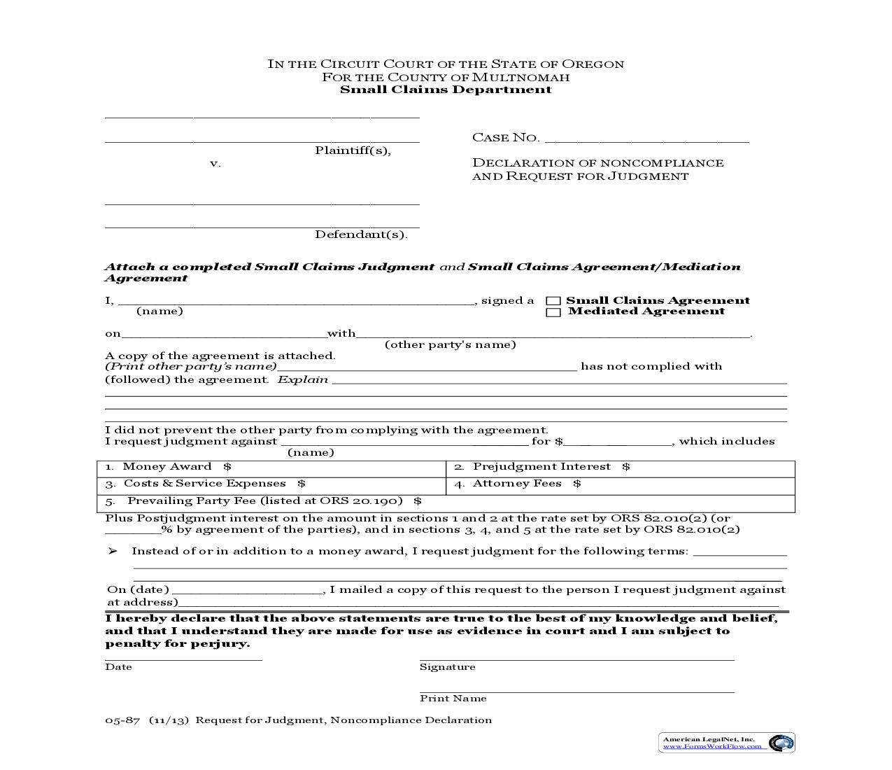 Declaration Of Noncompliance And Request For Judgment | Pdf Fpdf Doc Docx | Oregon