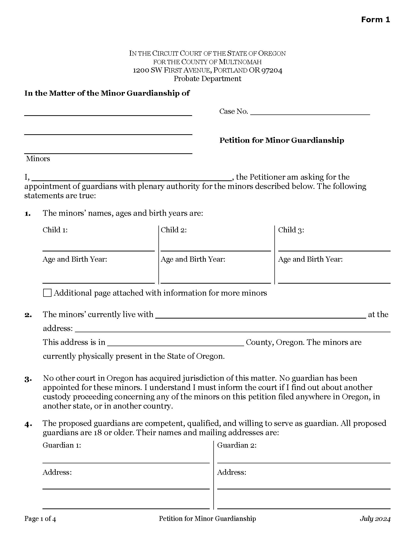 Guardianship Of A Minor Packet | Pdf Fpdf Docx | Oregon