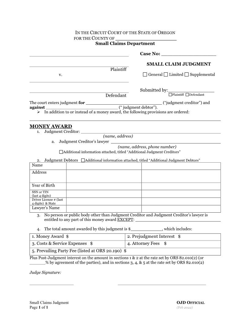 Judgment And Money Award | Pdf Fpdf Doc Docx | Oregon