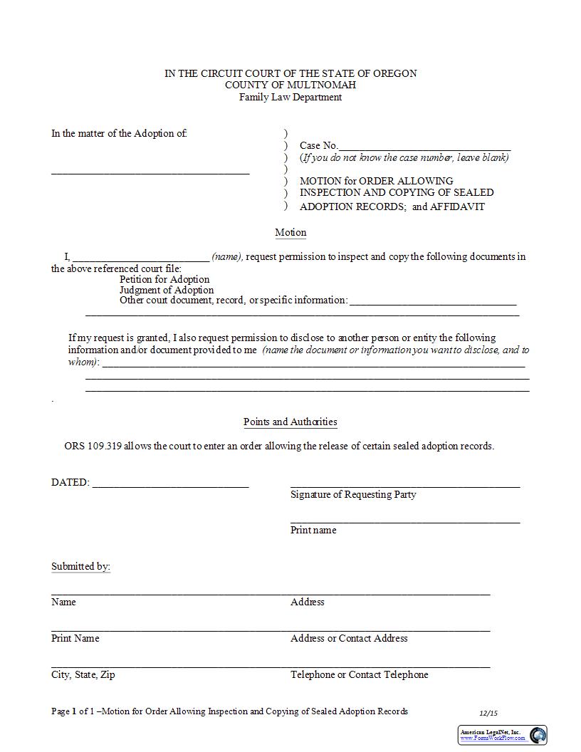 Motion For Order Allowing Inspection And Copying Of Sealed Adoption Records And Affidavit | Pdf Fpdf Docx | Oregon