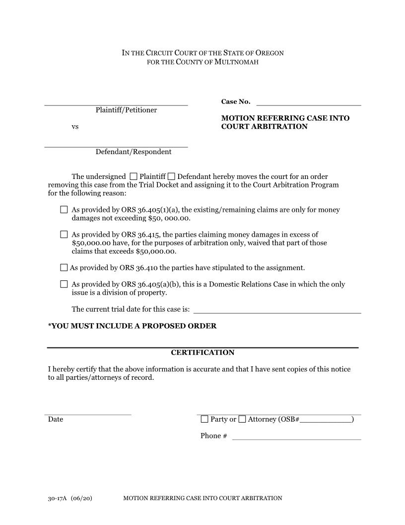 Motion Referring Case Into Court Arbitration {30-17A} | Pdf Fpdf Docx | Oregon