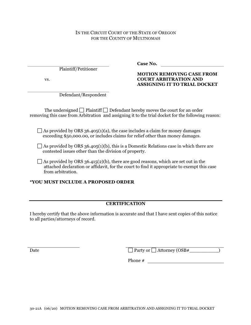 Motion Removing Case From Arbitration And Assigning To Trial Docket {30-21A} | Pdf Fpdf Docx | Oregon