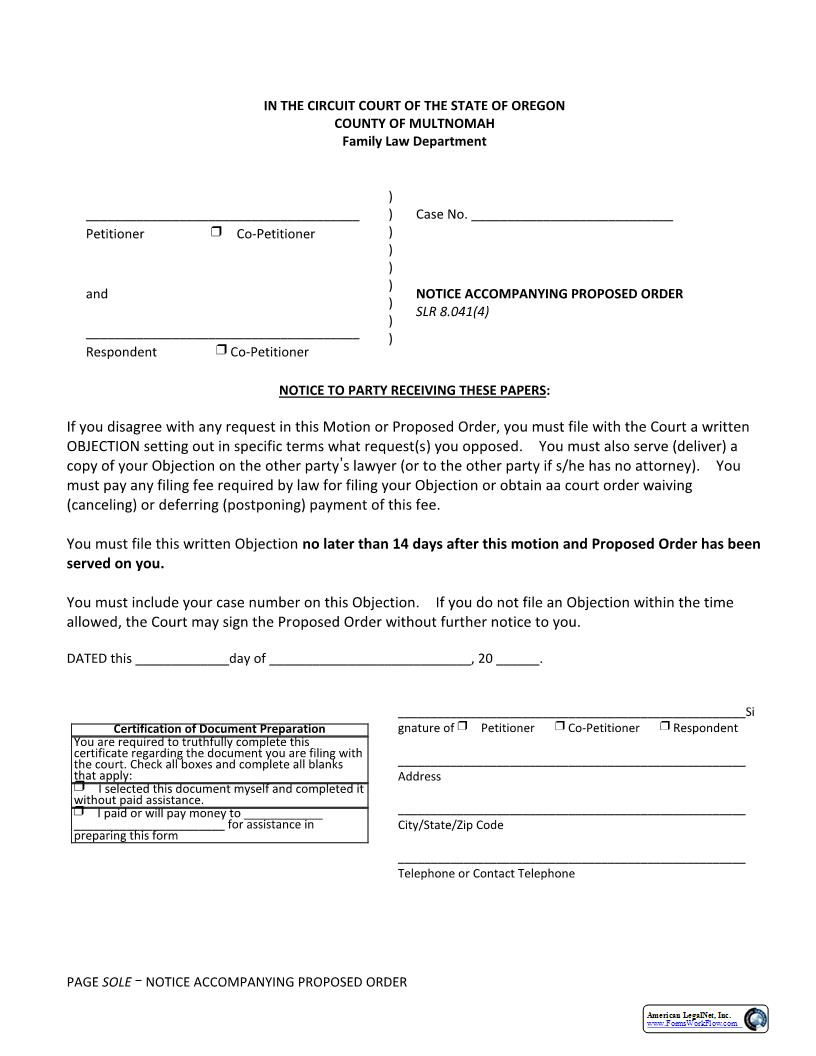 Notice Accompanying Proposed Order | Pdf Fpdf Docx | Oregon