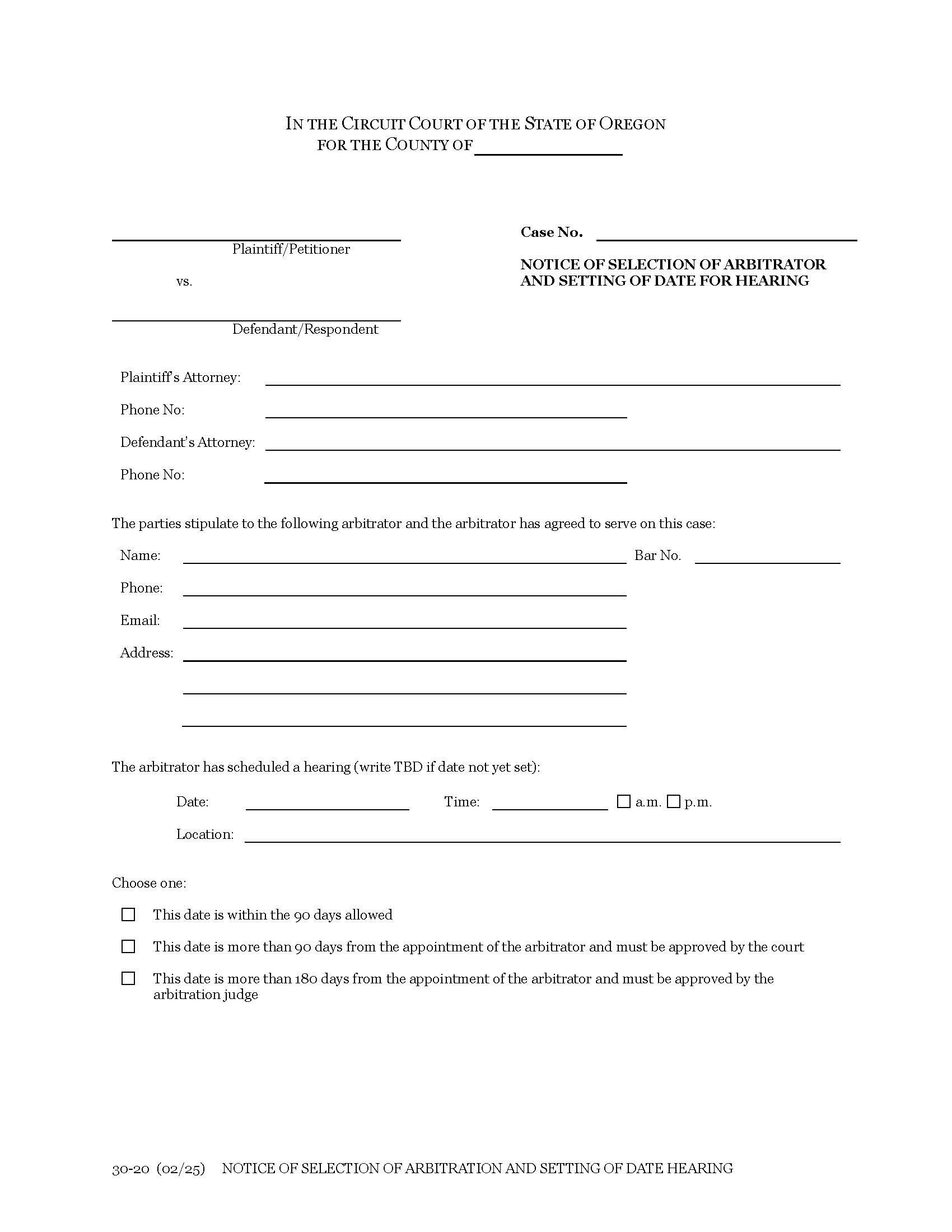 Notice Of Selection Of Arbitrator And Setting Of Date For Hearing {30-20} | Pdf Fpdf Docx | Oregon