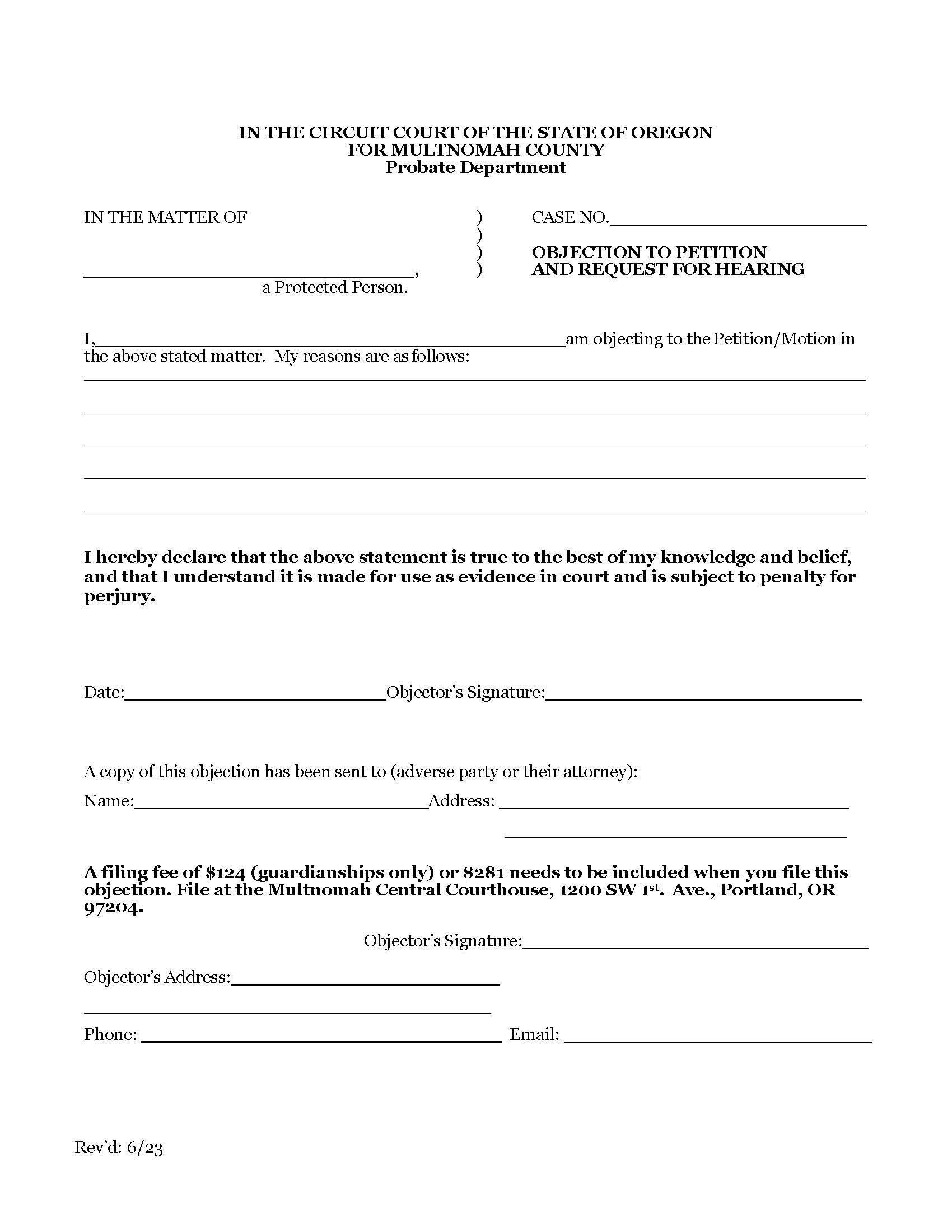 Objection To Petition And Request For Hearing | Pdf Fpdf Docx | Oregon