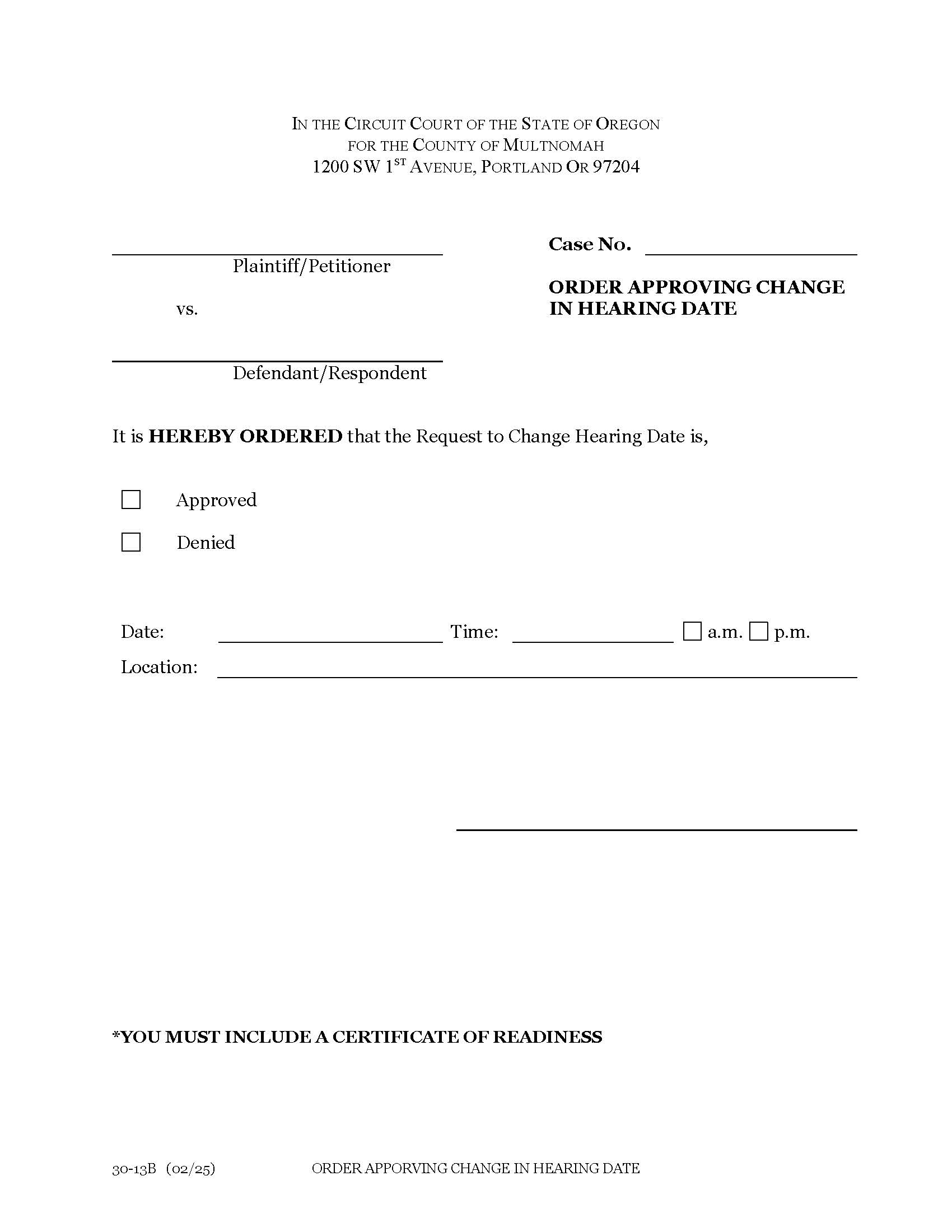 Order Approving Change In Hearing Date {30-13B} | Pdf Fpdf Docx | Oregon