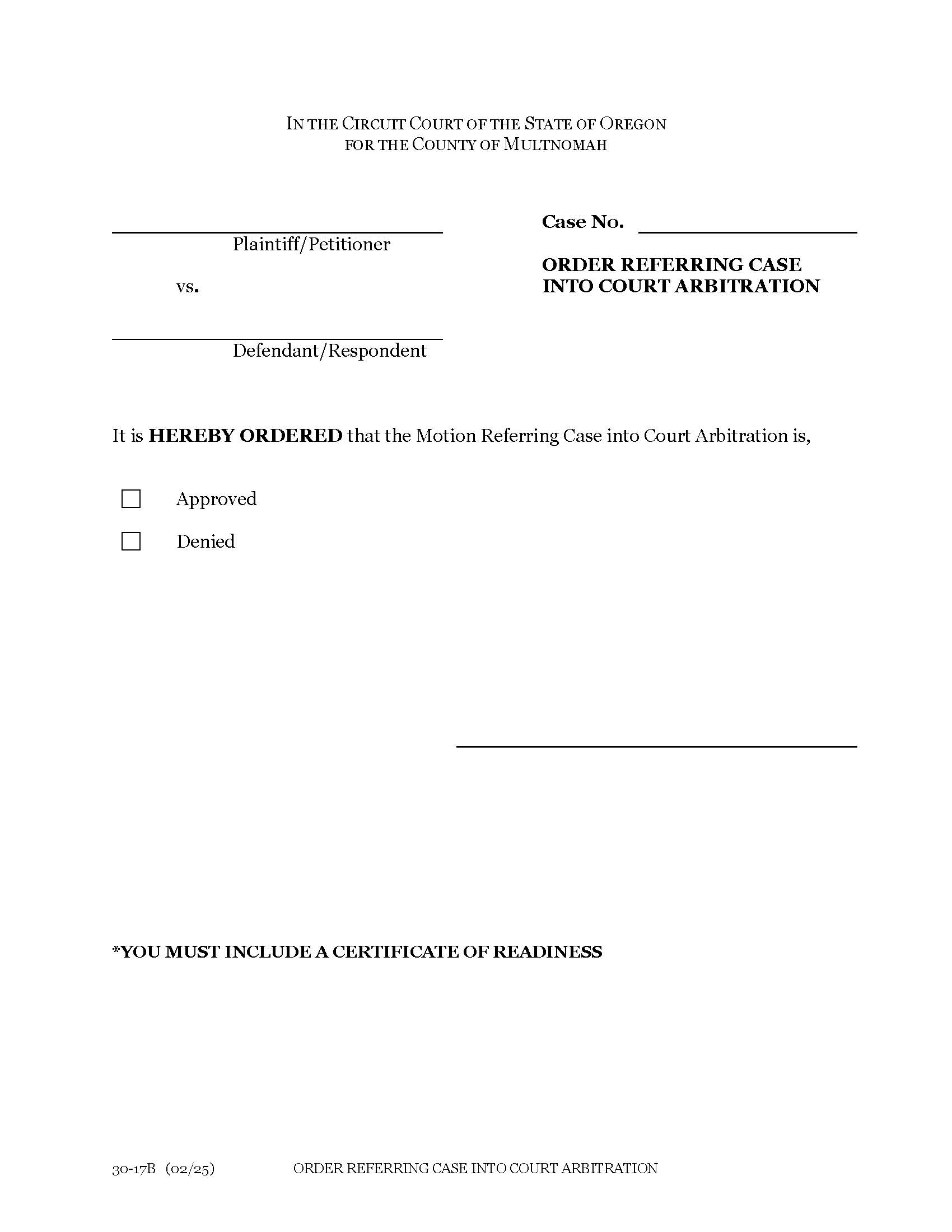 Order Referring Case Into Court Arbitration {30-17B} | Pdf Fpdf Docx | Oregon