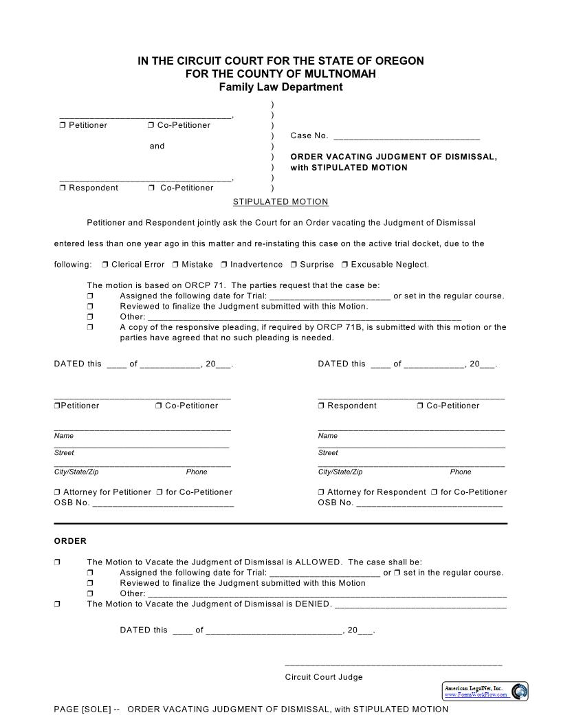 Order Vacating Judgment Of Dismissal With Stipulated Motion | Pdf Fpdf Docx | Oregon