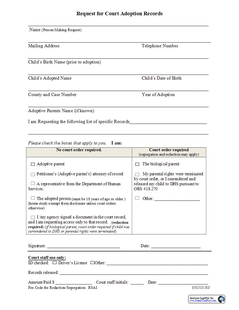 Request For Court Adoption Records | Pdf Fpdf Docx | Oregon