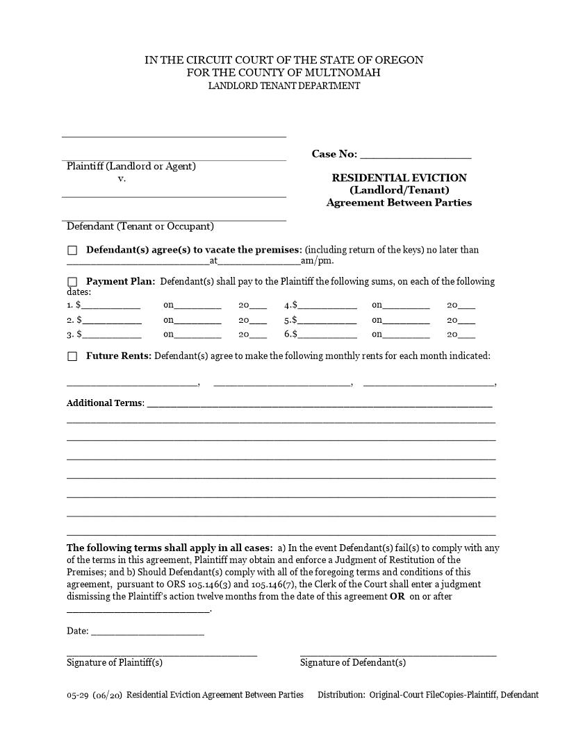 Residential Eviction Agreement Between Parties {05-29} | Pdf Fpdf Docx | Oregon
