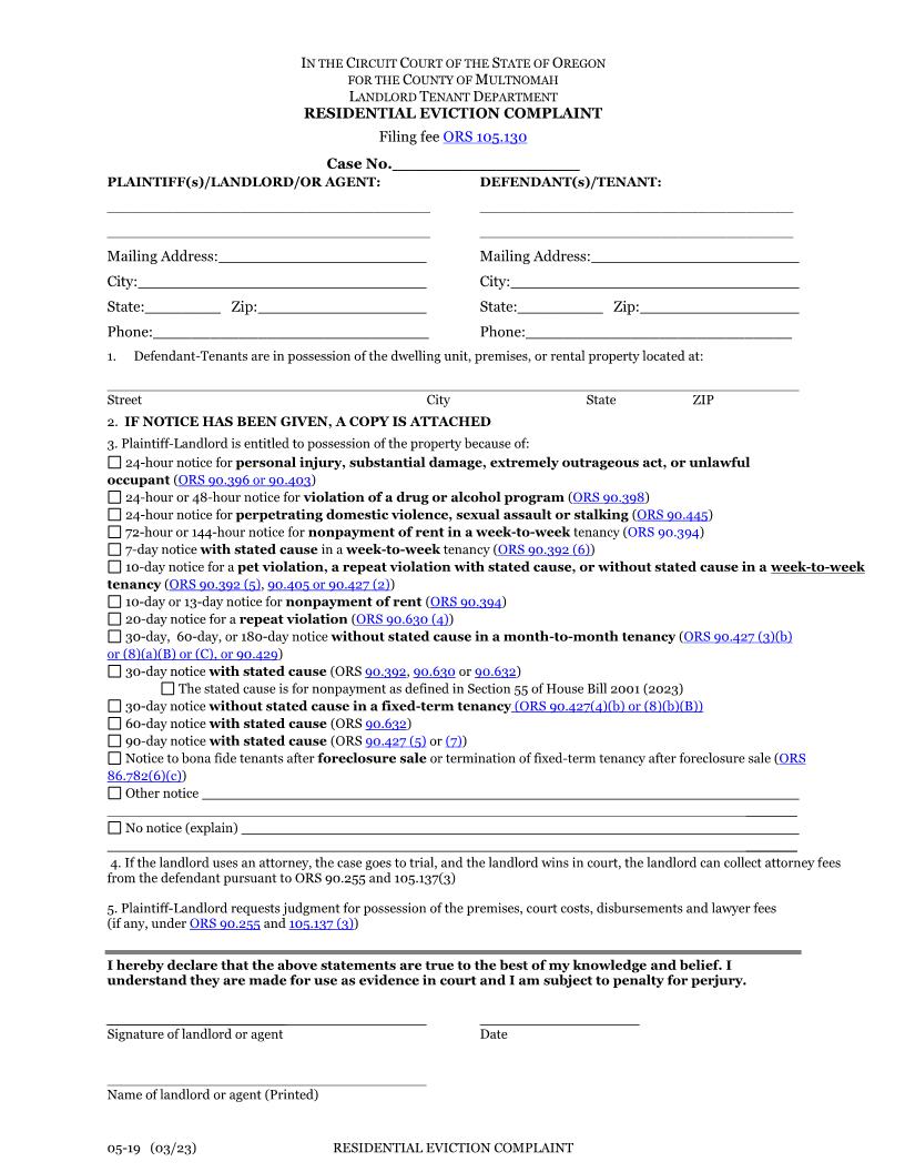 Residential Eviction Complaint {05-19} | Pdf Fpdf Docx | Oregon