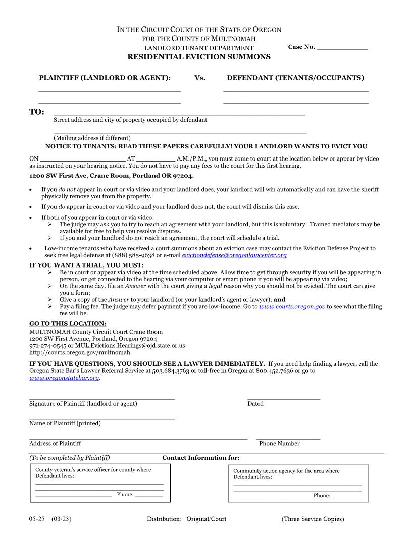 Residential Eviction Summons {05-25} | Pdf Fpdf Docx | Oregon