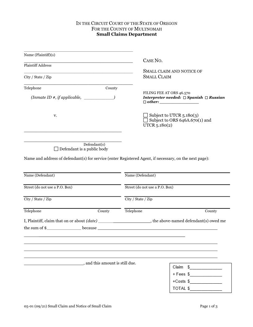 Small Claim And Notice Of Small Claim {05-01} | Pdf Fpdf Doc Docx | Oregon