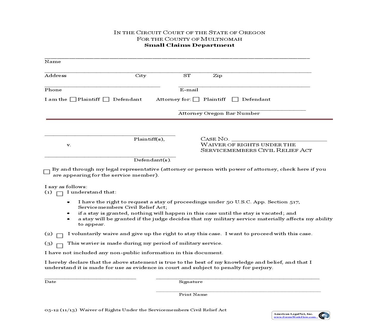 Waiver Of Rights Under The Servicemembers CIvil Relief Act | Pdf Fpdf Doc Docx | Oregon