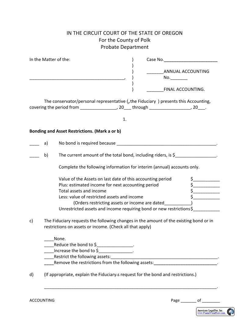 Accounting Form (Probate) | Pdf Fpdf Docx | Oregon