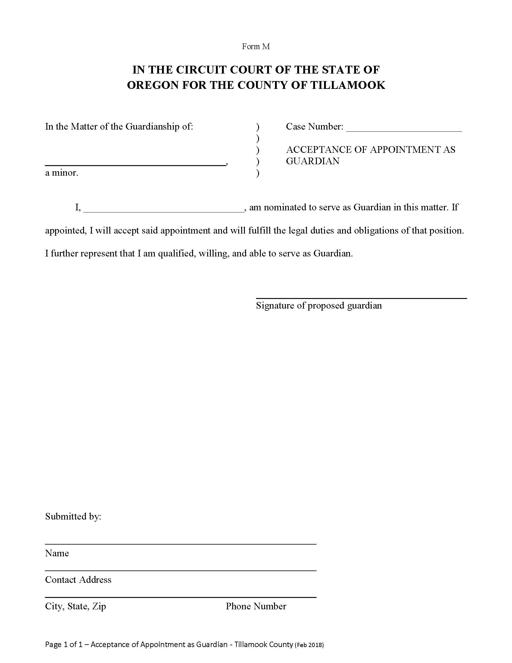 Acceptance Of Appointment As Guardian {Form M} | Pdf Fpdf Docx | Oregon
