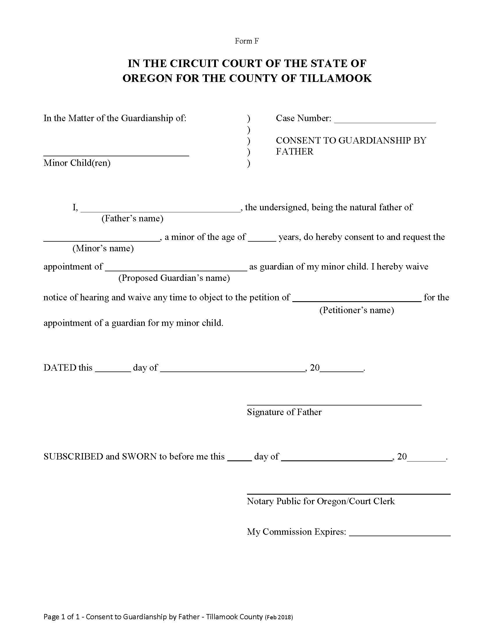 Consent To Guardianship By Father {Form F} | Pdf Fpdf Docx | Oregon