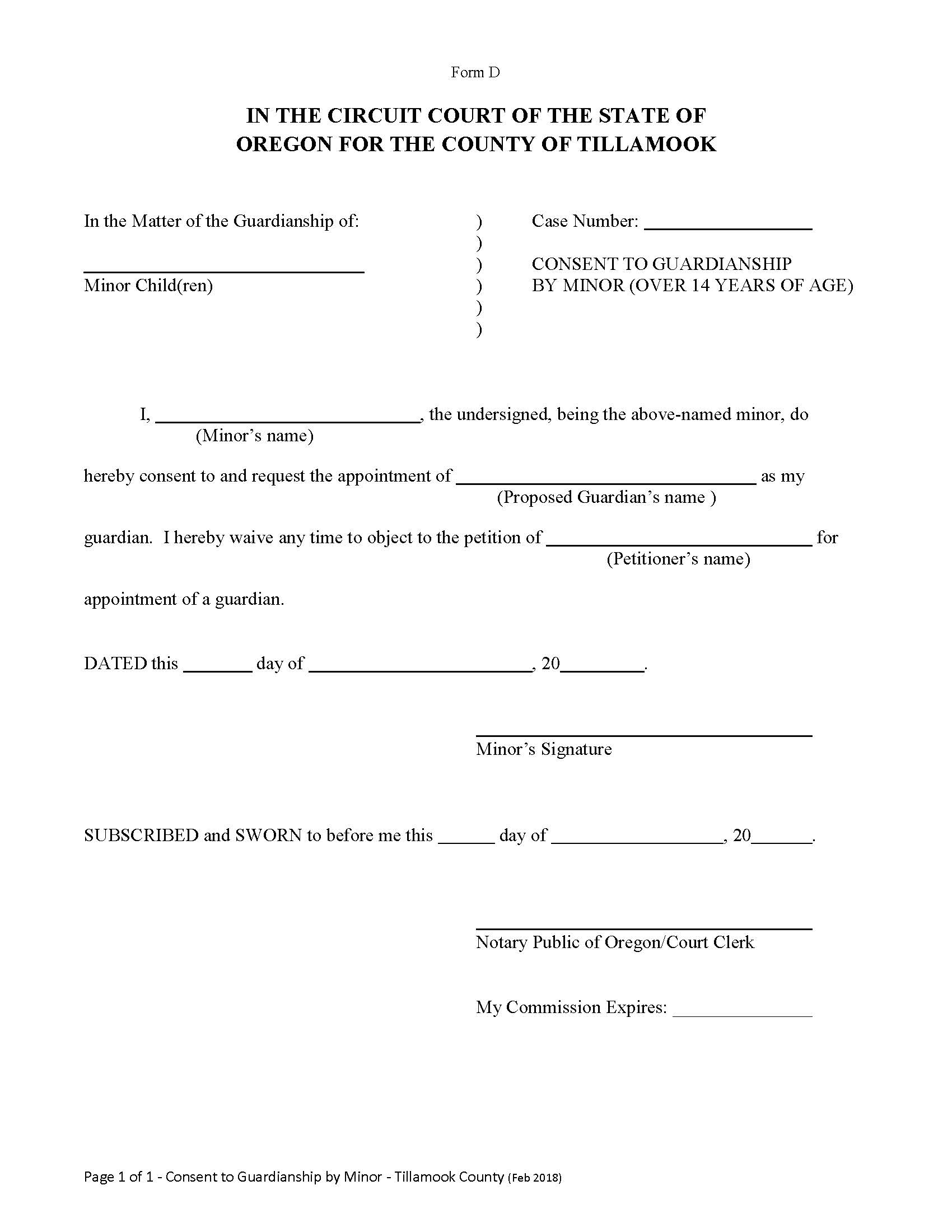 Consent To Guardianship By Minor {Form D} | Pdf Fpdf Docx | Oregon