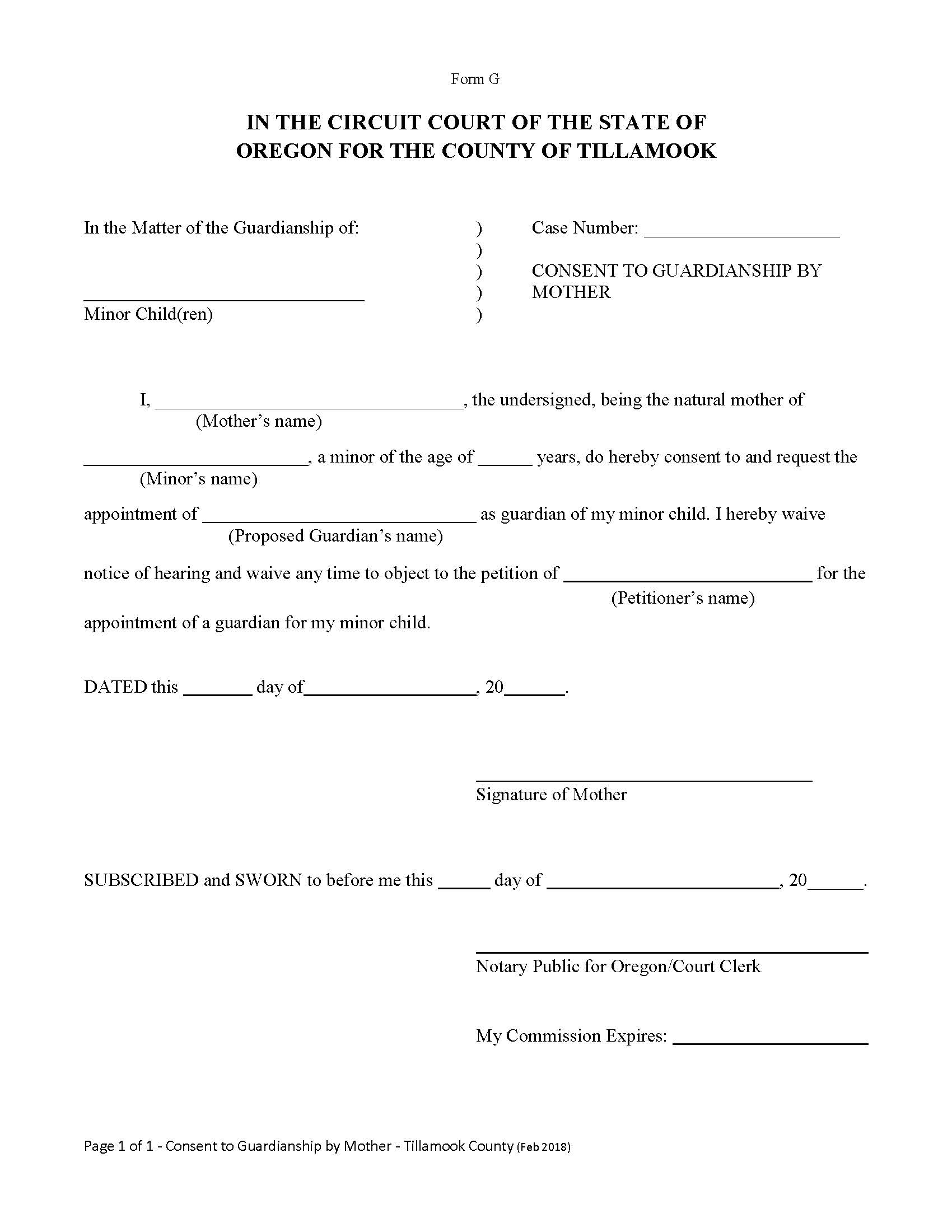 Consent To Guardianship By Mother {Form G} | Pdf Fpdf Docx | Oregon