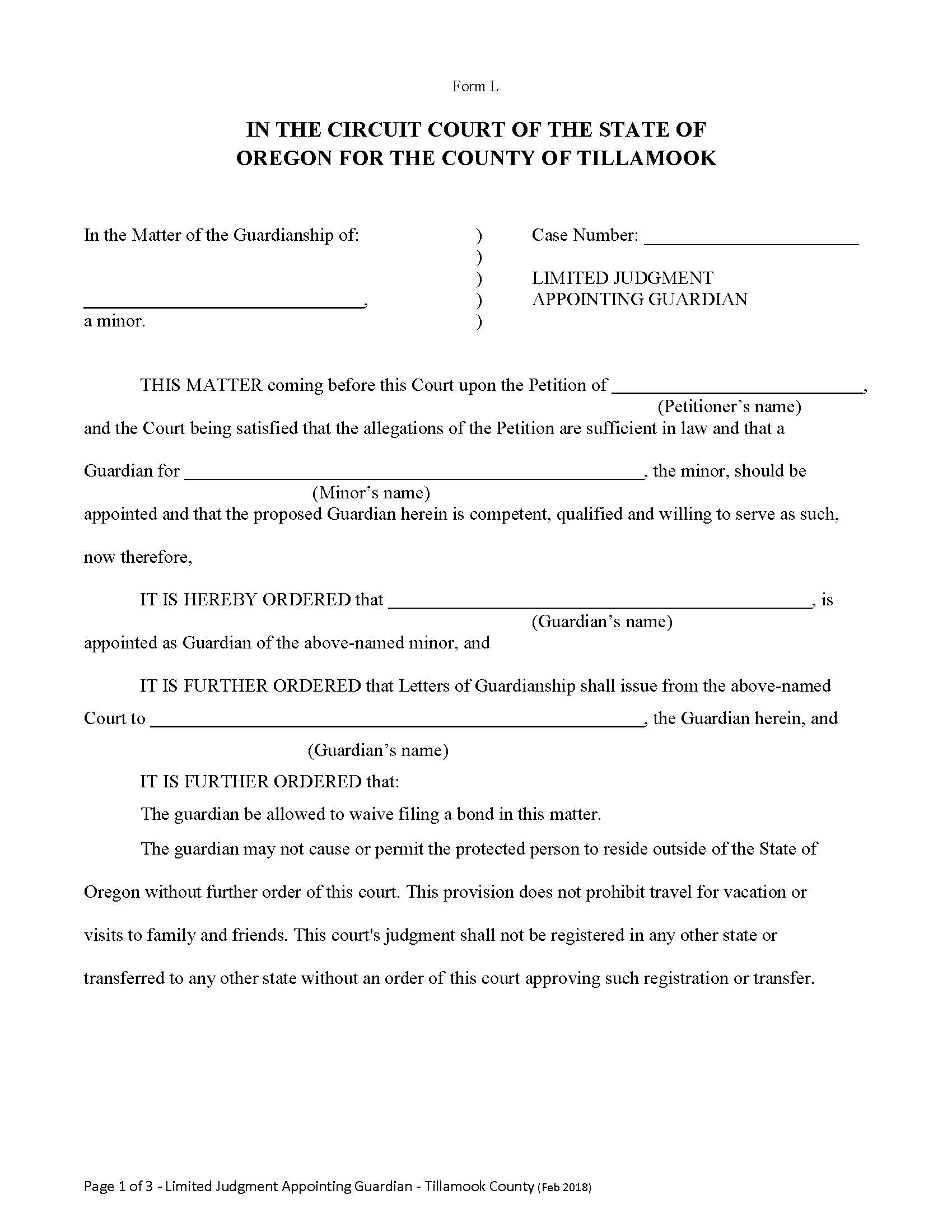 Limited Judgment Appointing Guardian {Form L} | Pdf Fpdf Docx | Oregon